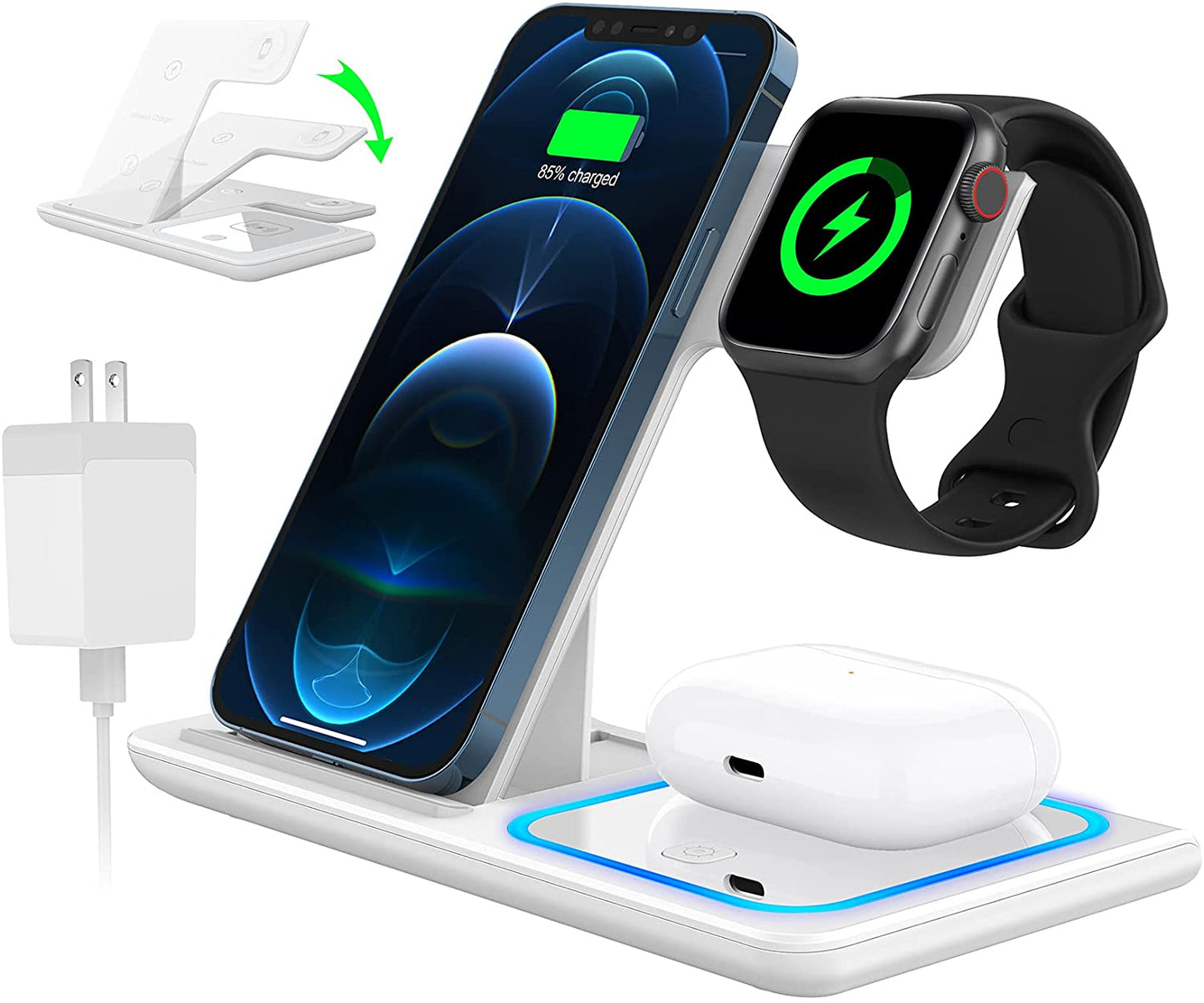 CSDWCWB CSDWCWB 2023 Upgraded Wireless Charging Station, 18W 3 in 1 Charger Station, Fast Charging Dock Stand for iWatch Series 8/7/6/SE/5/4/3/2, Compatible with iPhone 15 14 13 12 11 Pro/XS/XR/Samsung & AirPod
