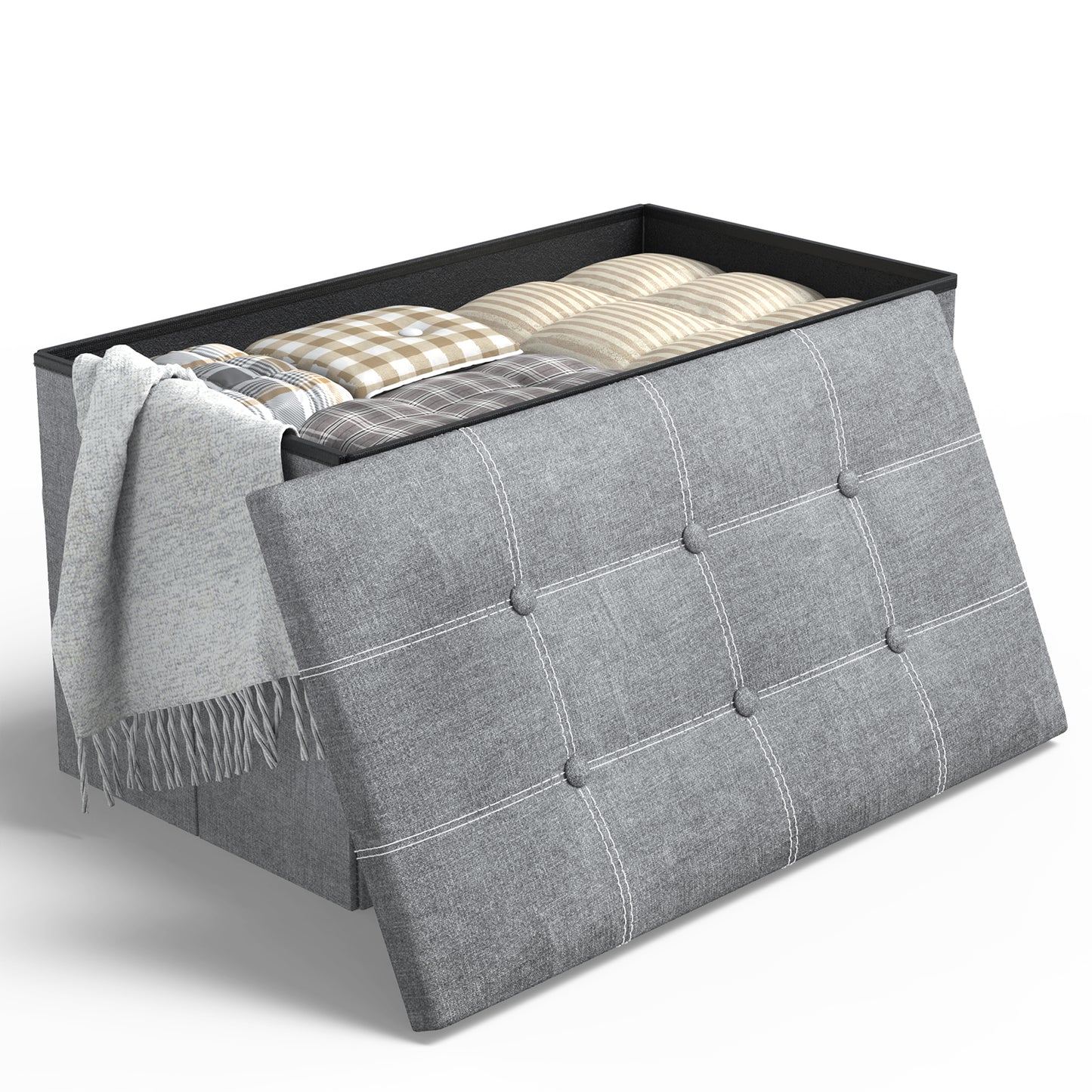 CSD01SROM0030GY 30" Storage Ottoman, Linen Fabric Footrest Stool, 80L Storage Bench, Foldable Ottomans Foot Rest, Footstool Bench for Living Room Bedroom Entryway Stool Gray 30*15*15in