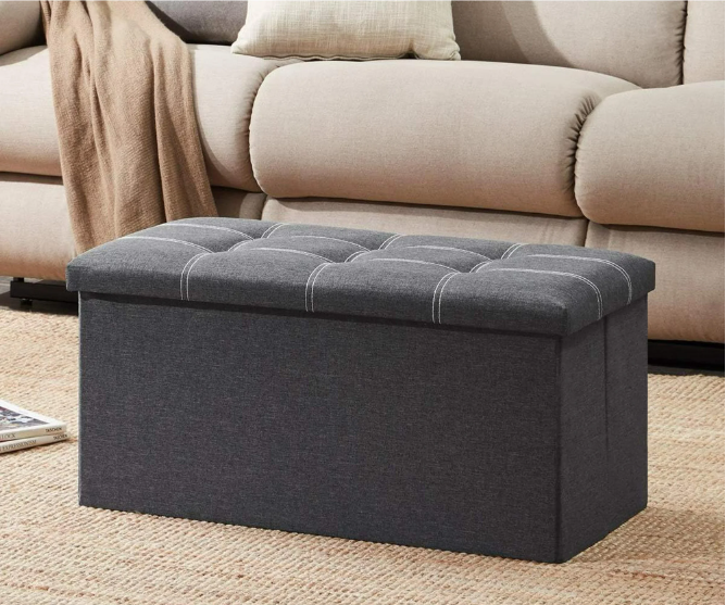 CSD02SROM0030GY 80L Storage Ottoman, Foot Rest Stool, 30 inch Folding Footstool Bench with Storage, Short Gray Ottoman Stool, Storage Foot Rest to Store Books Clothes Toys