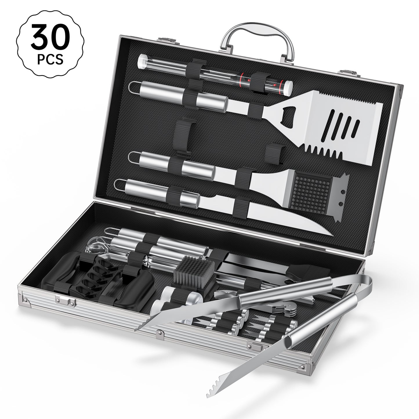 CSD01BBQT0030BL Cshidworld 30Pcs BBQ Accessories Grill Tools, Grilling Gifts for Men Dad, Heavy Duty Stainless Steel Barbecue Grill Accessories for Outdoor Grill with Aluminum Case, Barbecue Gifts for Christmas