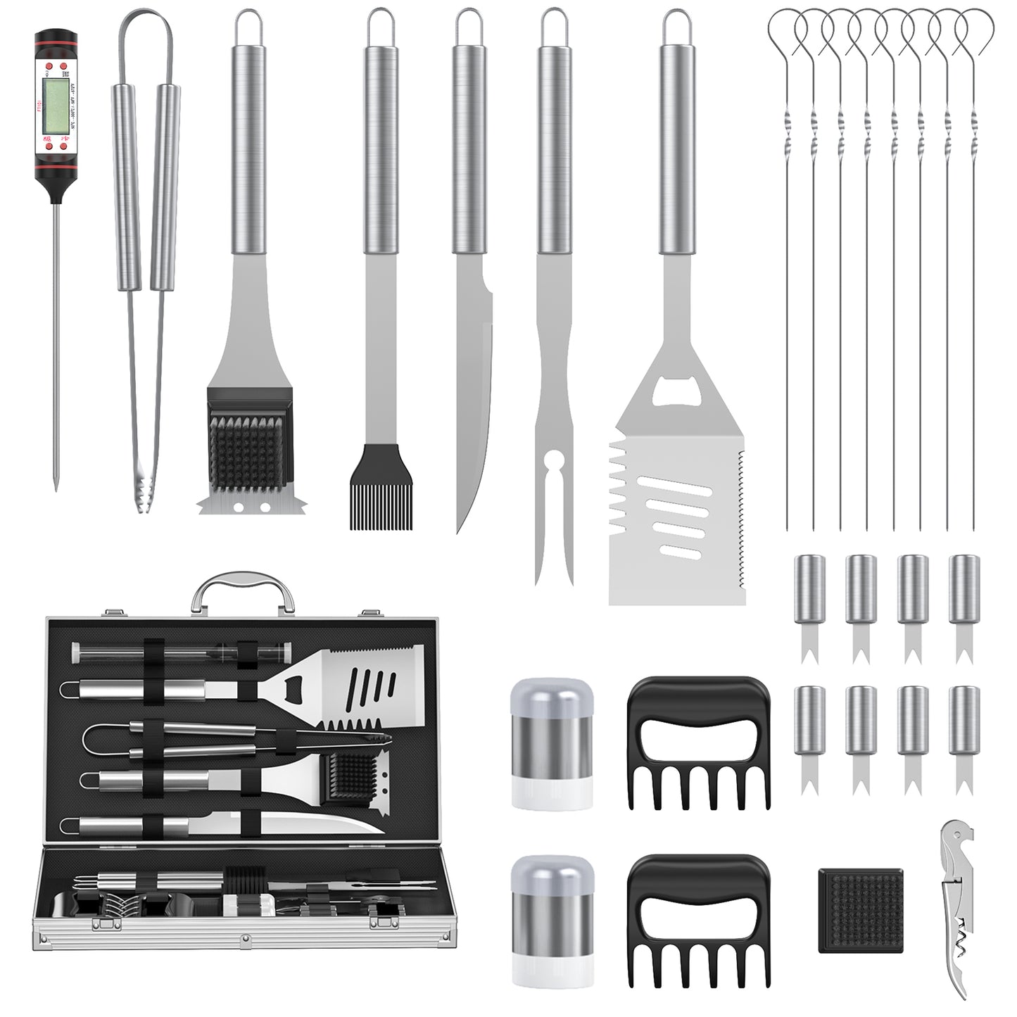 CSD02BBQT0030BL 30Pcs Grill Tool Set, Heavy Duty BBQ Kit with Aluminum Case & Digital Thermometer, Fork, Spatula, Tongs, Corn holder, Grill Accessories & Utensils, Grilling Set for Cookout