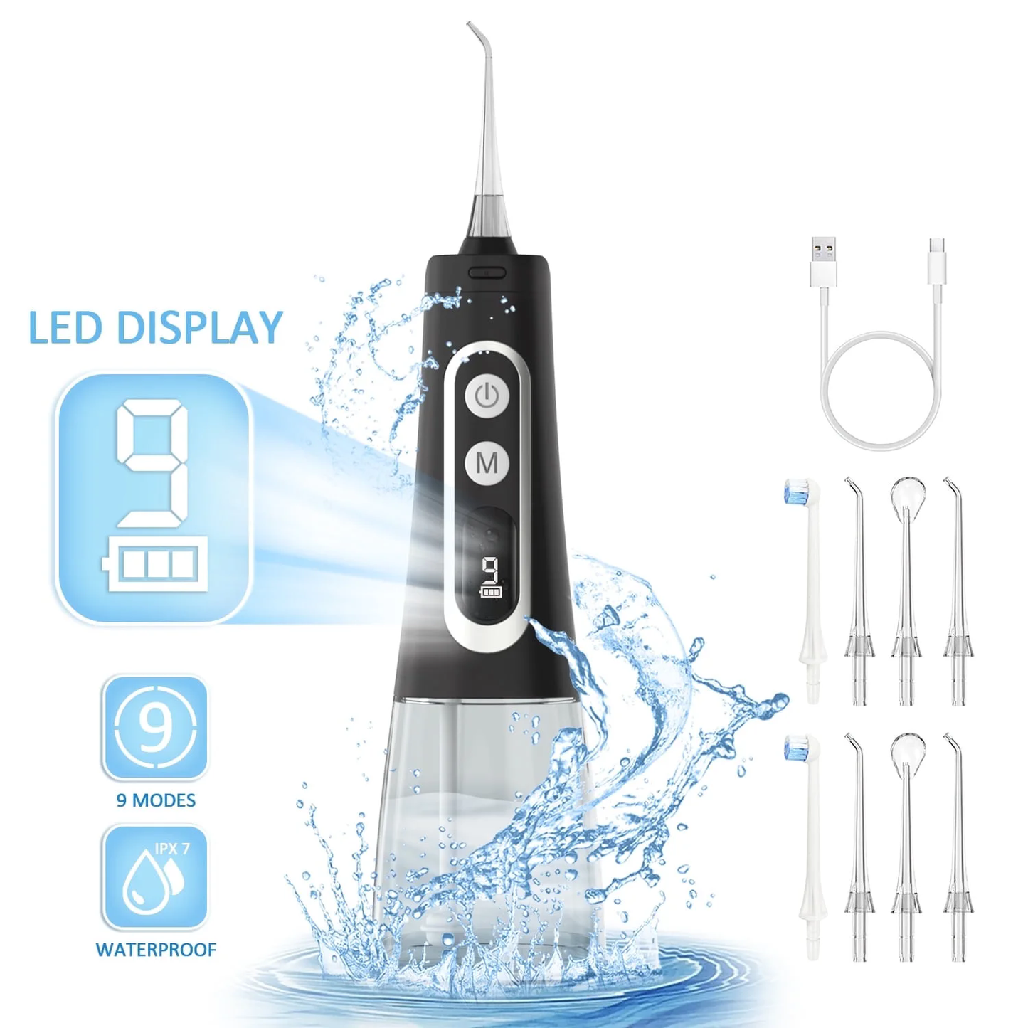 300ml Water Flosser, LCD Display Portable Water Flosser Cleaner Picks with 9 Modes 8 Jet Tips, IPX7 Waterproof Electric Flosser Oral Irrigator for Home Travel Off-dark CSD01HDM13900BK