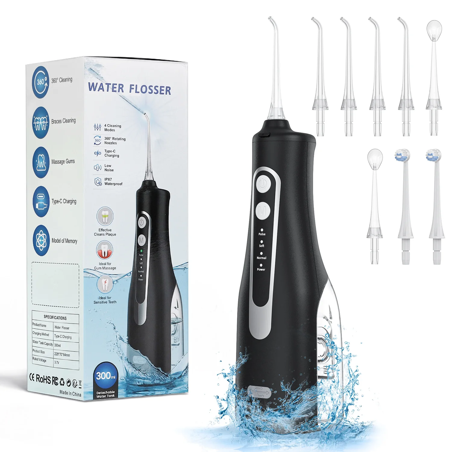 Cordless Water Flosser, Portable Dental Teeth Cleaner, 300ML Tank Rechargeable Dental Oral Irrigator for Home and Travel, 4 Modes 8 Jet Tips, IPX7 Waterproof CSD01M209WF00BK