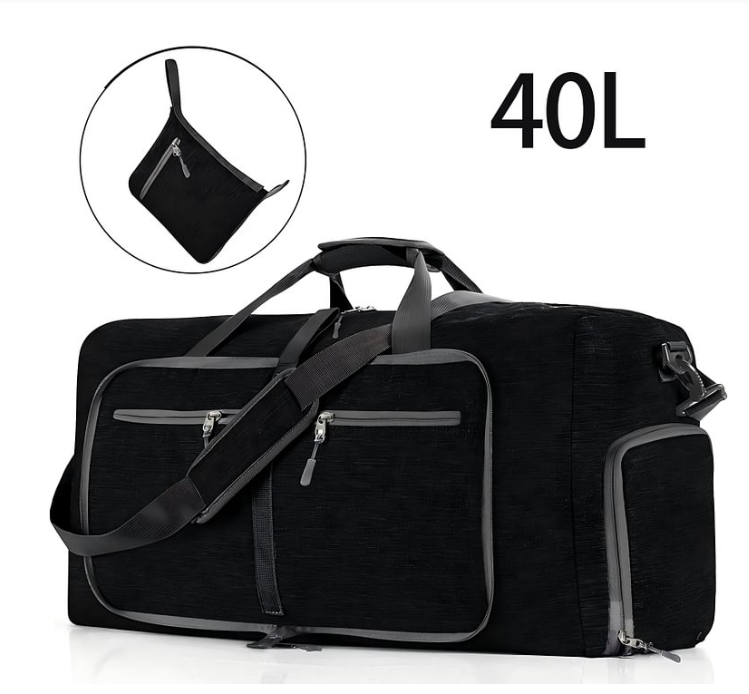 CSD01MTDB0040BL 40L Large Foldable Travel Duffle Bag, Black Duffel Bag for Men Women, Foldable Gym Bag with Shoes Compartment, Overnight Bags Waterproof & Tear Resistant