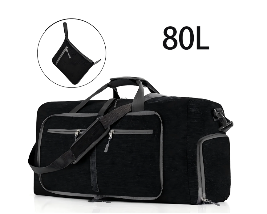 CSD01MTDB0080BL 80L Large Foldable Travel Duffle Bag, 28" Black Duffel Bag for Men Women, Foldable Gym Bag with Shoes Compartment, Overnight Bags Waterproof & Tear Resistant