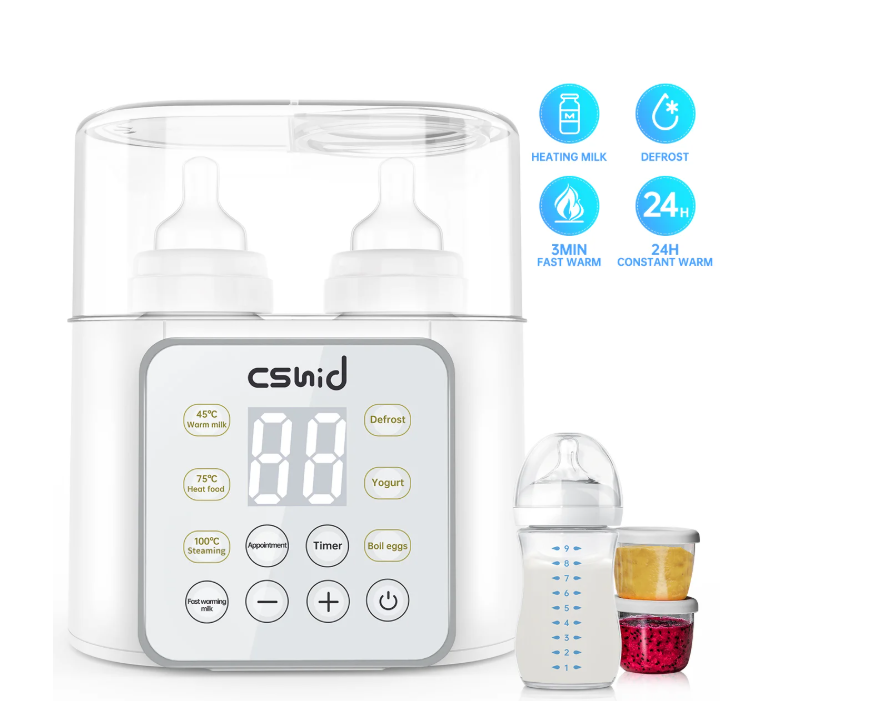 CSDBW01 Bottle Warmer For Baby, Double Bottels Milk Warmer 9 in 1 Fast Food Heater & Defrost BPA-Free with Appointment, LCD Display, Timer & 24H Temperature Control for Breastmilk & Formula
