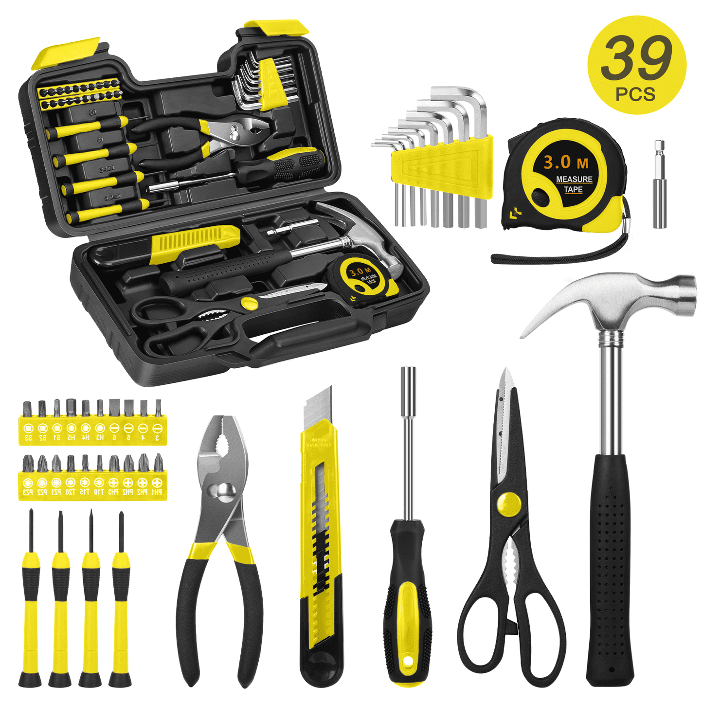 CSD44HHTS0000YE39pcs 39 Piece Tool Sets All Purpose Household Tool Kit, General Basic Home Tool Set Case with Toolbox Great for Girls Ladies and Women, Household Hand Kit for Home Garage Office College Dormitory, Yellow