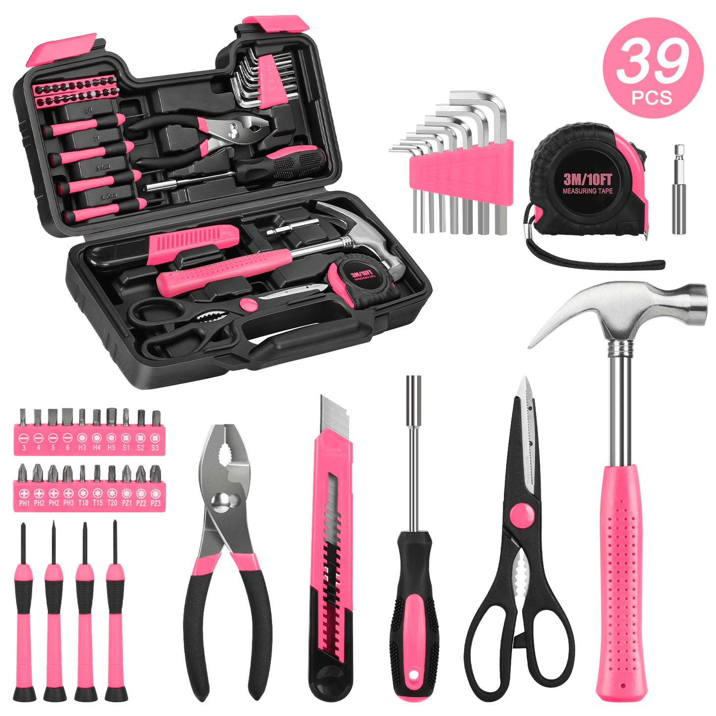 CSD44HHTS0000PK39pcs 39 Piece Tool Sets All Purpose Household Tool Kit, General Basic Home Tool Set Case with Toolbox Great for Girls Ladies and Women, Household Hand Kit for Home Garage Office College Dormitory, Pink