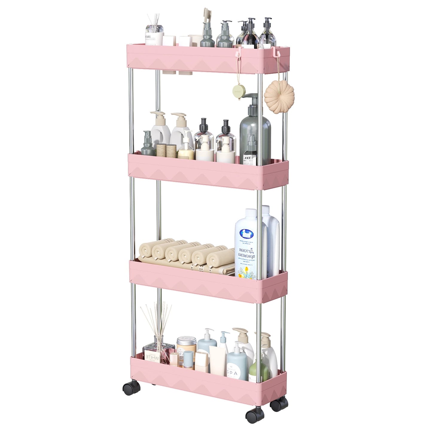 CSD02SRSC0000PK 4 Tier Slim Rolling Storage Cart, Slim Cart Bathroom Storage Organizer Rolling Utility/ Mobile Shelving Unit Slide Out Storage Cart for Office, Bathroom, Kitchen, Laundry Room & Narrow Place