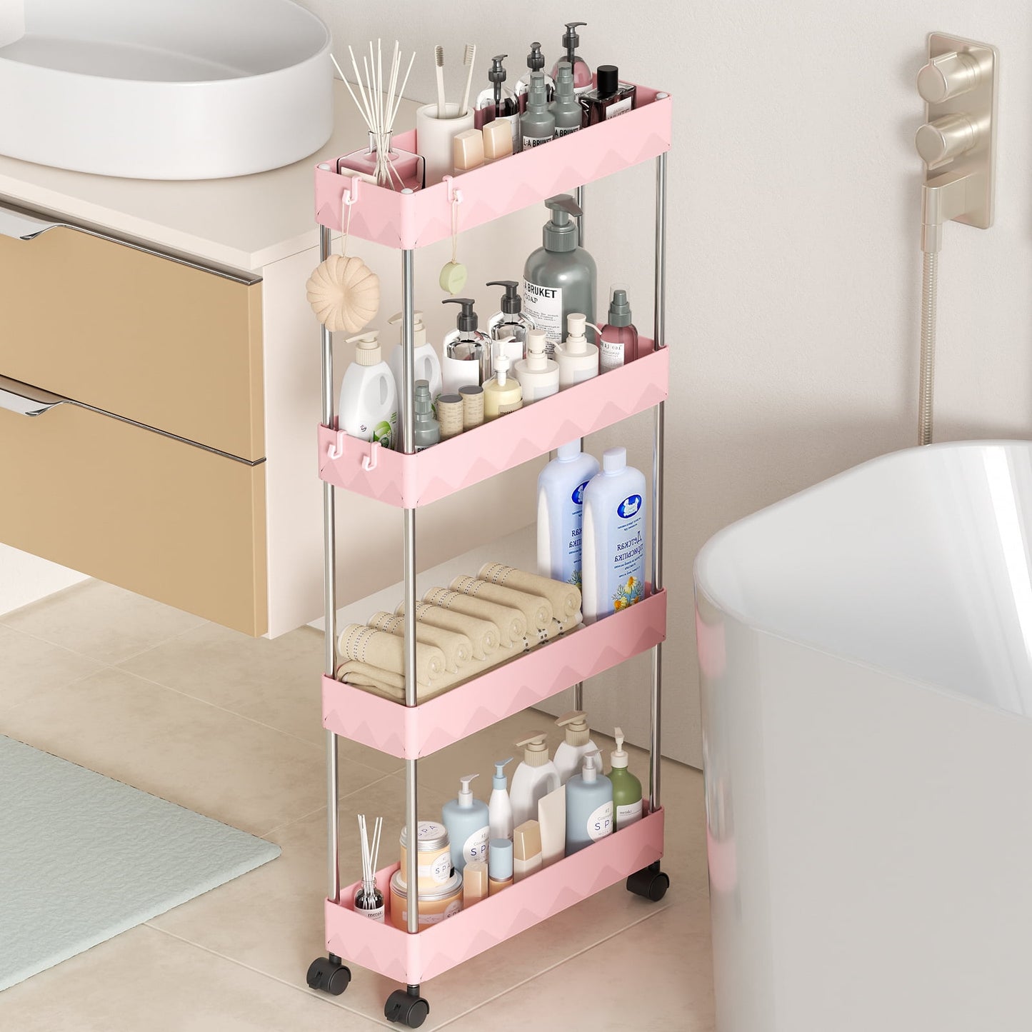 CSD01SRSC0000PK Slim Storage Cart 4 Tier Slim Cart, Bathroom Rolling Utility Cart Storage Organizer Slide Out Cart, Mobile Shelving Unit Organizer Trolley for Office Bathroom Kitchen Laundry Narrow Places