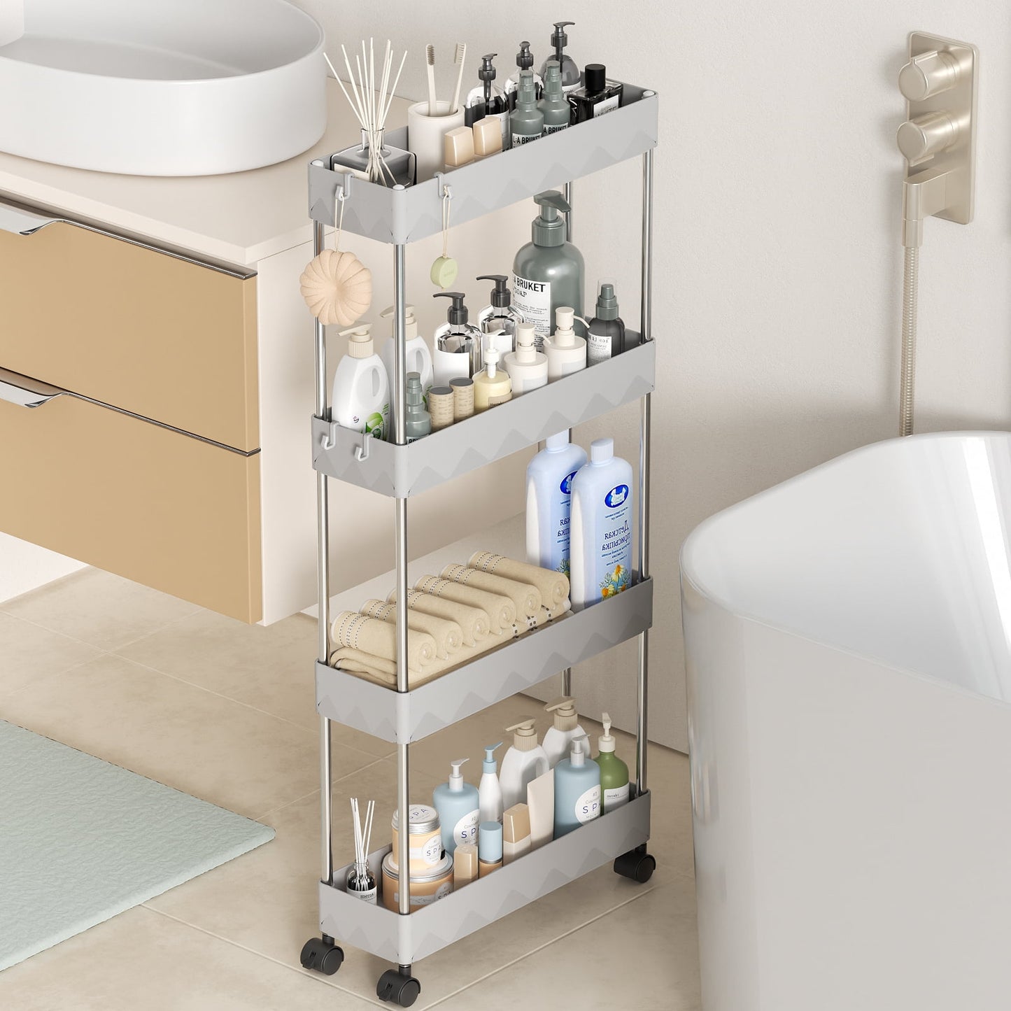 CSD01SRSC0000GY Slim Storage Cart 4 Tier Slim Cart, Bathroom Rolling Utility Cart Storage Organizer Slide Out Cart, Mobile Shelving Unit Organizer Trolley for Office Bathroom Kitchen Laundry Narrow Places