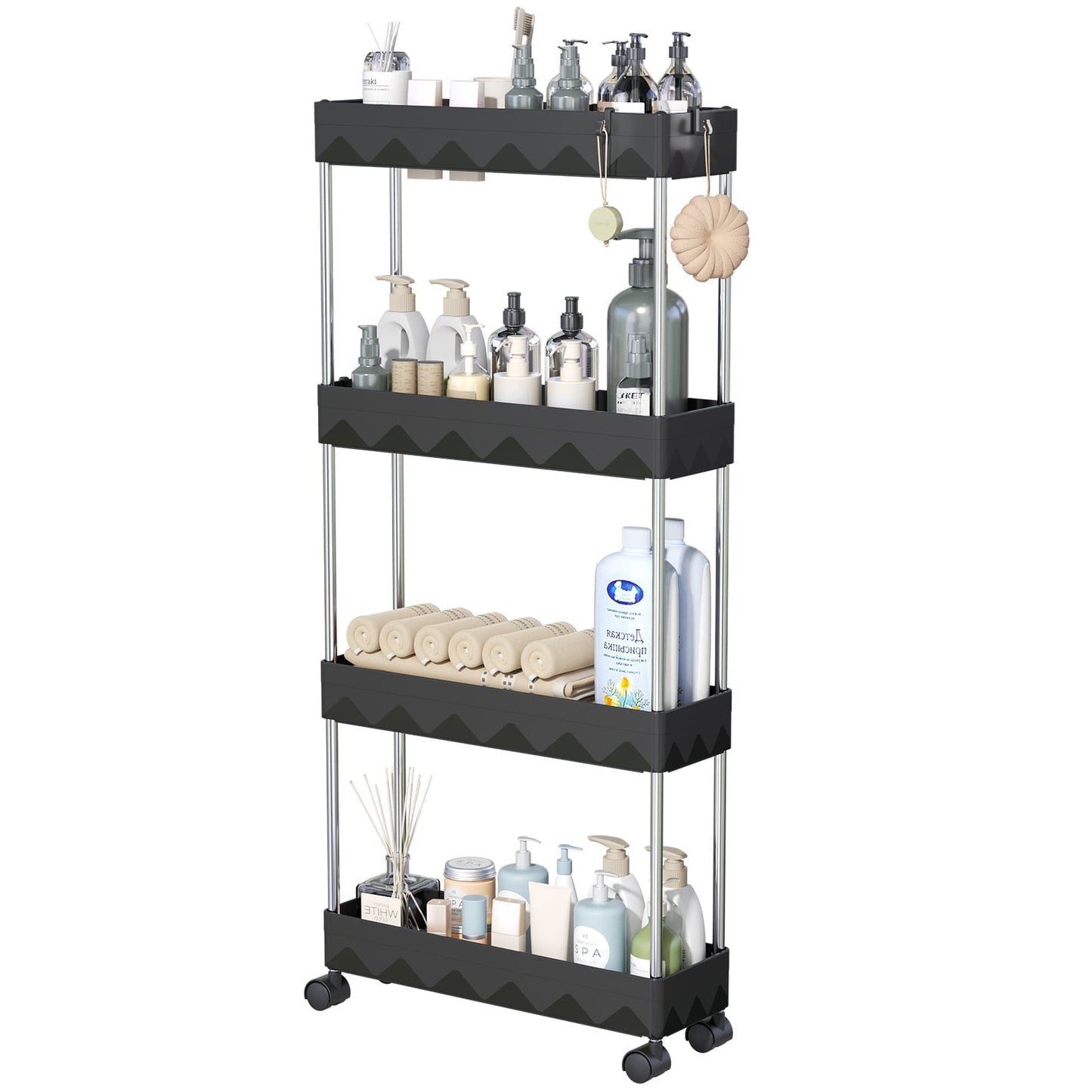 CSD02SRSC0000BK 4 Tier Slim Rolling Storage Cart, Slim Cart Bathroom Storage Organizer Rolling Utility/ Mobile Shelving Unit Slide Out Storage Cart for Office, Bathroom, Kitchen, Laundry Room & Narrow Place