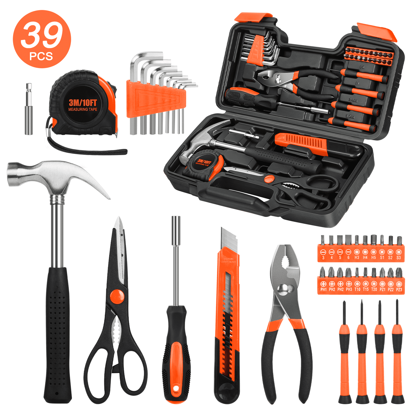 CSD45HHTS0000OG39pcs 39-Piece Tool Set General Household Hand Kit with Plastic Toolbox Storage Case, Small Basic Home Tool Kit for Girls Ladies and Women - Includes All Essential Tools for Home Garage and Office, Orange