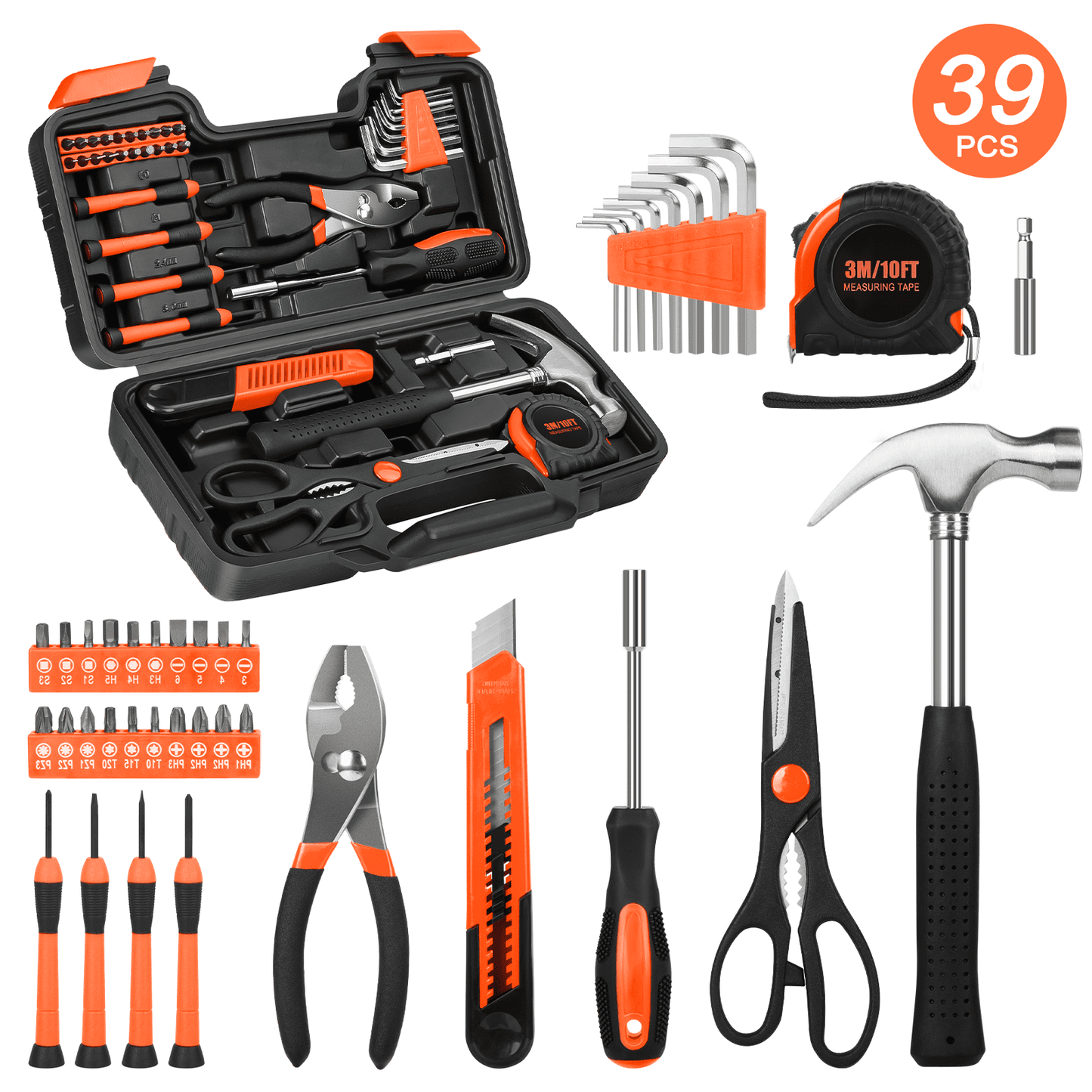 CSD44HHTS0000OG39pcs 39 Piece Tool Sets All Purpose Household Tool Kit, General Basic Home Tool Set Case with Toolbox Great for Girls Ladies and Women, Household Hand Kit for Home Garage Office College Dormitory, Orange