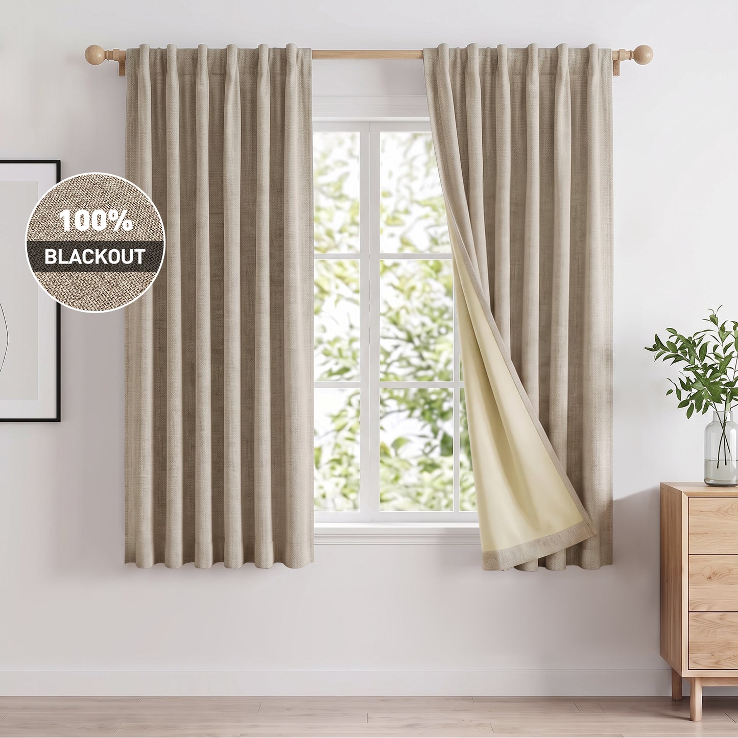 100% Blackout Curtains 2 Panels Set, Faux Linen 42x63 Inch Light Blocking Window Curtains, Rod Pocket & Back Tabs Thermal Insulated Room Darkening Drapes for Living Room Bedroom