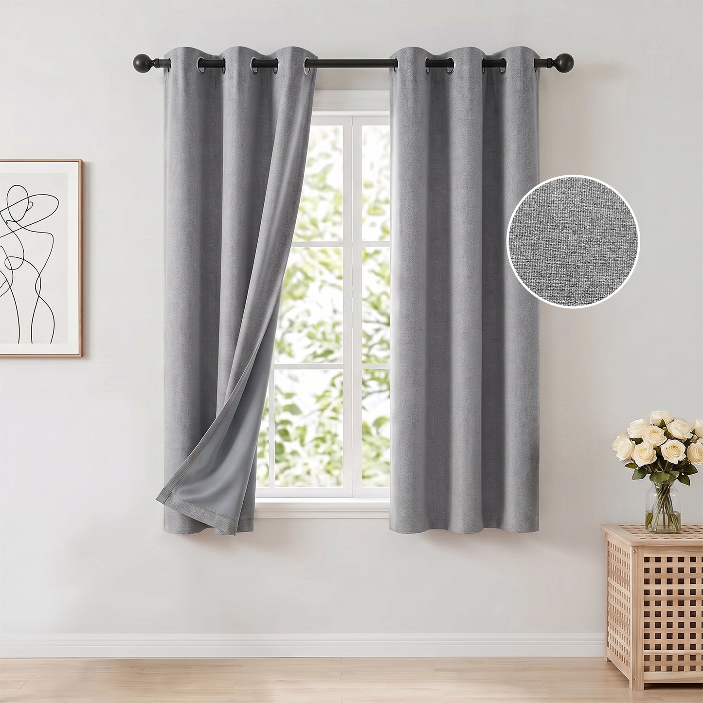 100% Blackout Curtains 42x63 in Set of 2, Faux Linen Textured Curtains for Bedroom Living Room, Thermal Insulated Window Drapes with Grommet, Room Darkening & Privacy Protection,Grey
