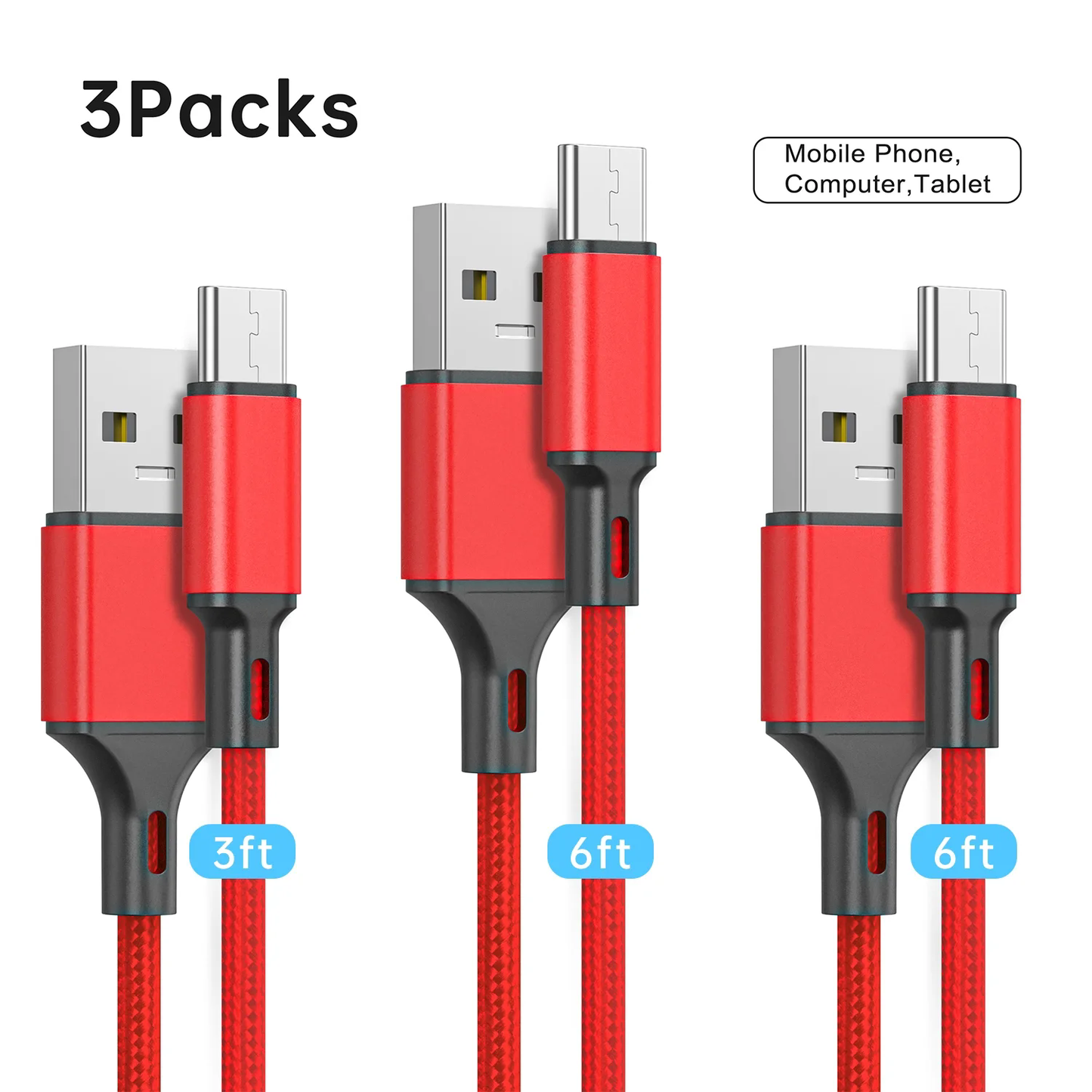 USB C Cable 2.4A Braided Charging Cable, 3Pack 3/6/6 FT Long Charger, Premium Nylon Cables, Fast Charging Cord Compatible with iPhone 15 Samsung Galaxy Note 10/10+ Plus/9/8, S20 S10 S9 S8 Plus (Red)