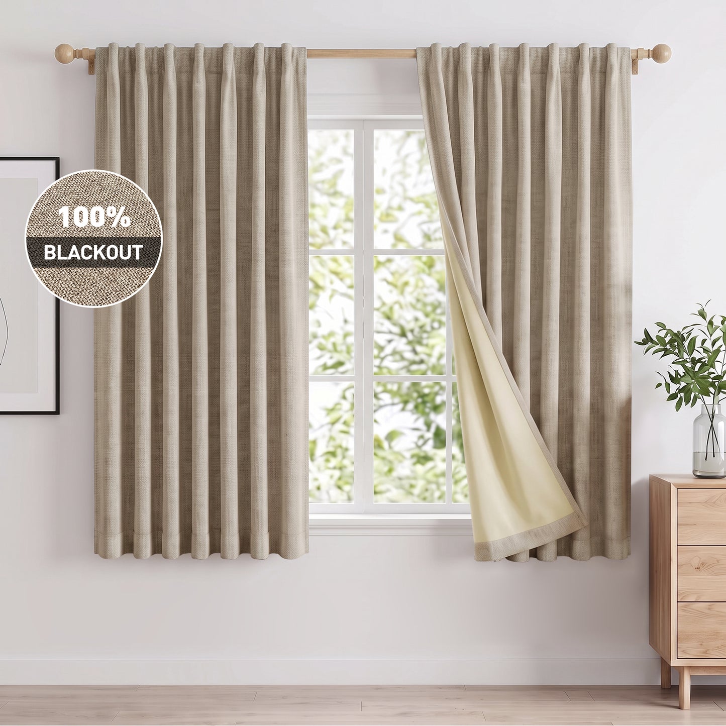 100% Blackout Curtains 2 Panels Set, Faux Linen 52x63 Inch Light Blocking Window Curtains, Rod Pocket & Back Tabs Thermal Insulated Room Darkening Drapes for Living Room Bedroom