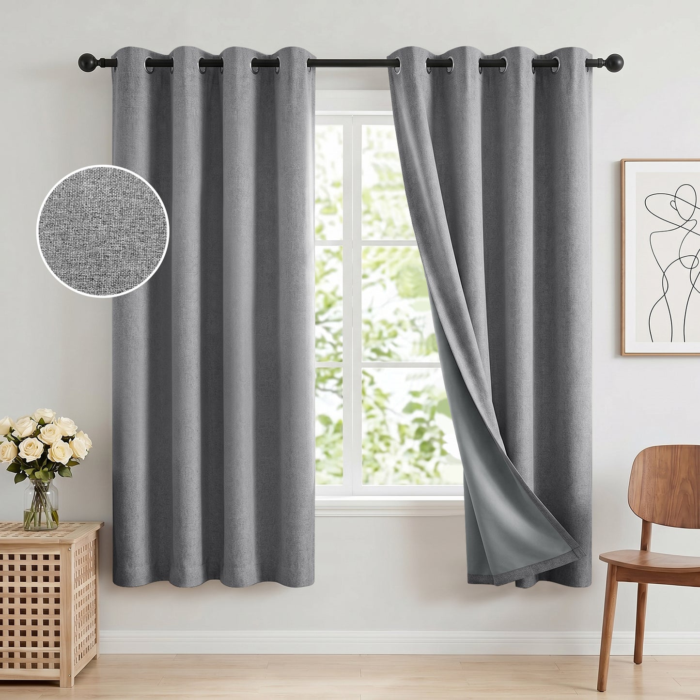 100% Blackout Curtains 52x63 in Set of 2, Faux Linen Textured Curtains for Bedroom Living Room, Thermal Insulated Window Drapes with Grommet, Room Darkening & Privacy Protection,Grey