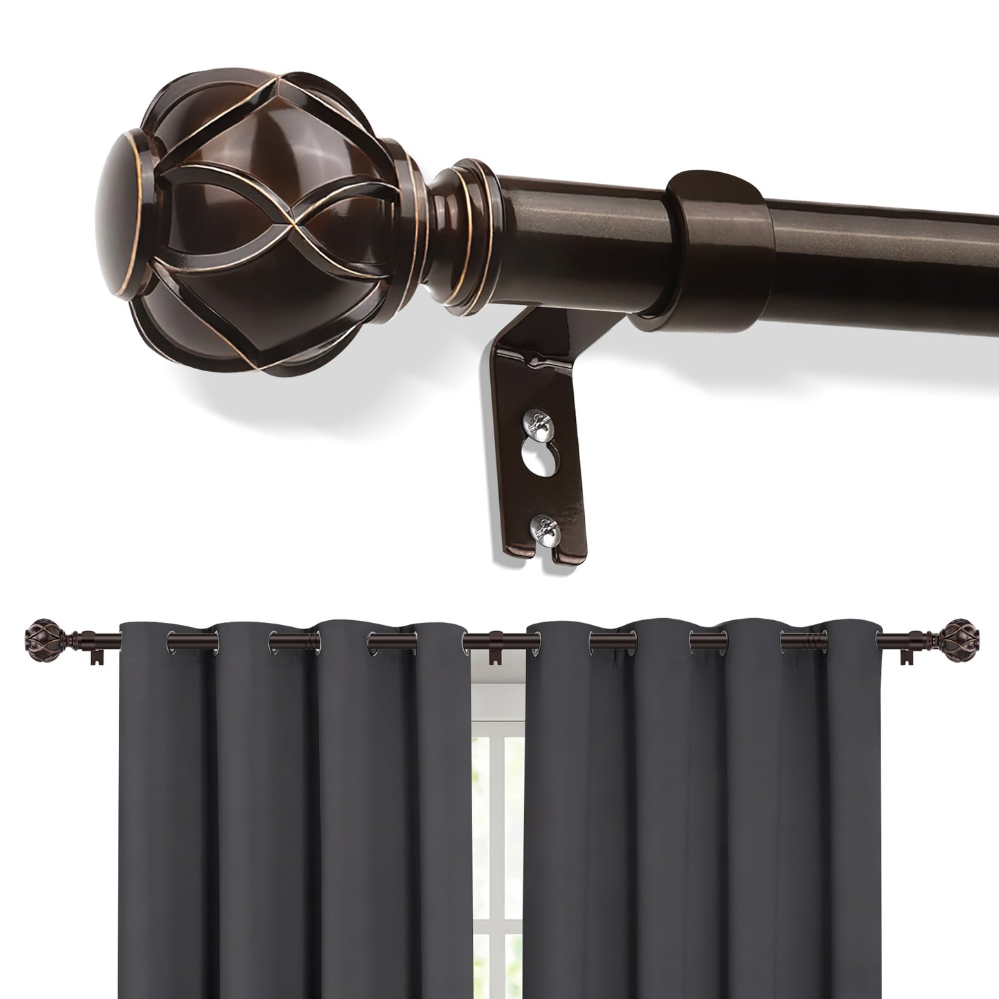 Curtain Rods, Single Curtain Rod for Windows 32 to 144 inch,1 inch Adjustable Bronze Curtain Rod Easy Installation with Modern Design, Decorative Long Drapery Rods with Brackets
