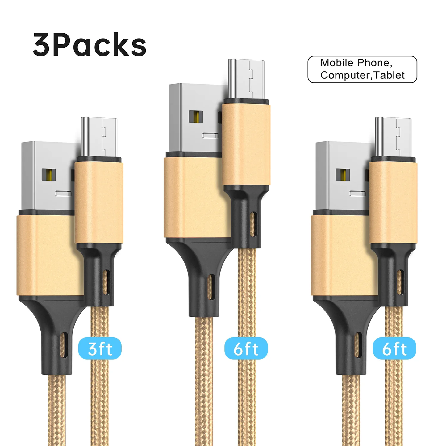 USB C Cable 2.4A Fast Charging Cable, 3 Pack 3/6/6ft Long Charger, Premium Nylon Cables, Fast Charging Cord Compatible with iPhone 15 Samsung Galaxy Note 10/10+ Plus/9/8, S20 S10 S9 S8 Plus (Gold)