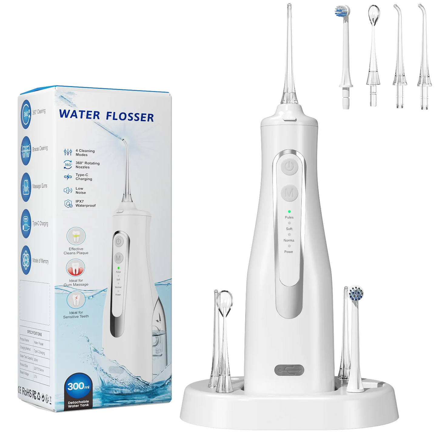 Water Dental Flosser Teeth Pick, Portable Cordless Oral Irrigator 300ML Rechargeable Travel Irrigation Cleaner, IPX7 Waterproof Electric Flosser for Teeth Cleaning, Wired & Wireless Charge Waterpick CSD02M149PWF0WH