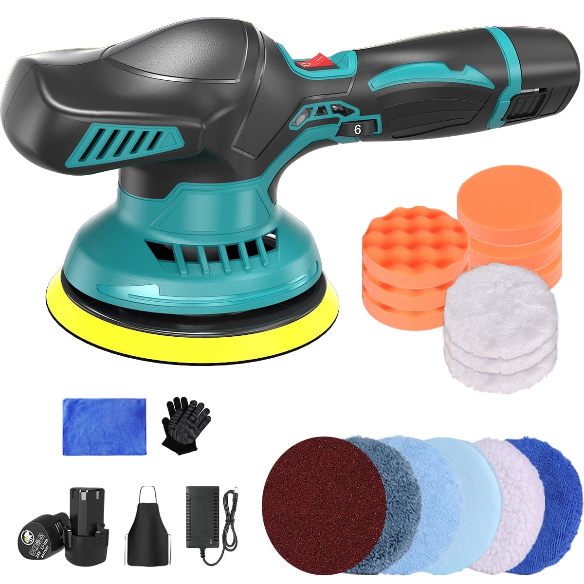 CSD27CCBP0000BL 6 Inch Cordless Car Buffers Polishers Kit with 2pcs 2000mAh Lithium Rechargeable Battery, Portable Rotary Car Polisher Set with 6 Variable Speed 2500-5000 RPM for Car, Boat Sanding, Polishing, Waxing