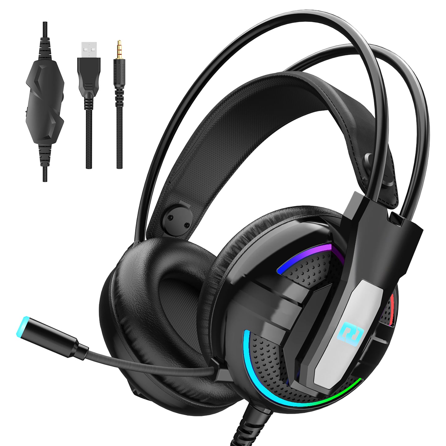 Gaming Headset for PC with 7.1 Surround Sound, Wired Gaming Headphones with Noise Cancelling Flexible Mic RGB Light Memory Earmuffs for Xbox Series X/S, PC, Mac, Laptop, Playstation
