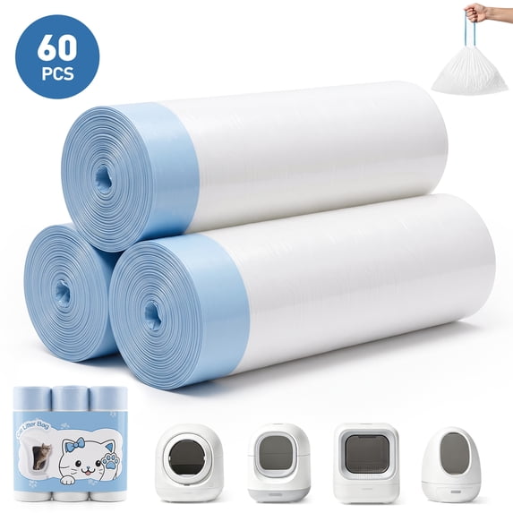 CSD06DCLB003PWH 60 Count Litter Box Liners for ZeaCotio and Fsitego Self Cleaning Box, Extra Thick Heavy Duty Cat Bags Replacement, 3-4 Gallons Capacity