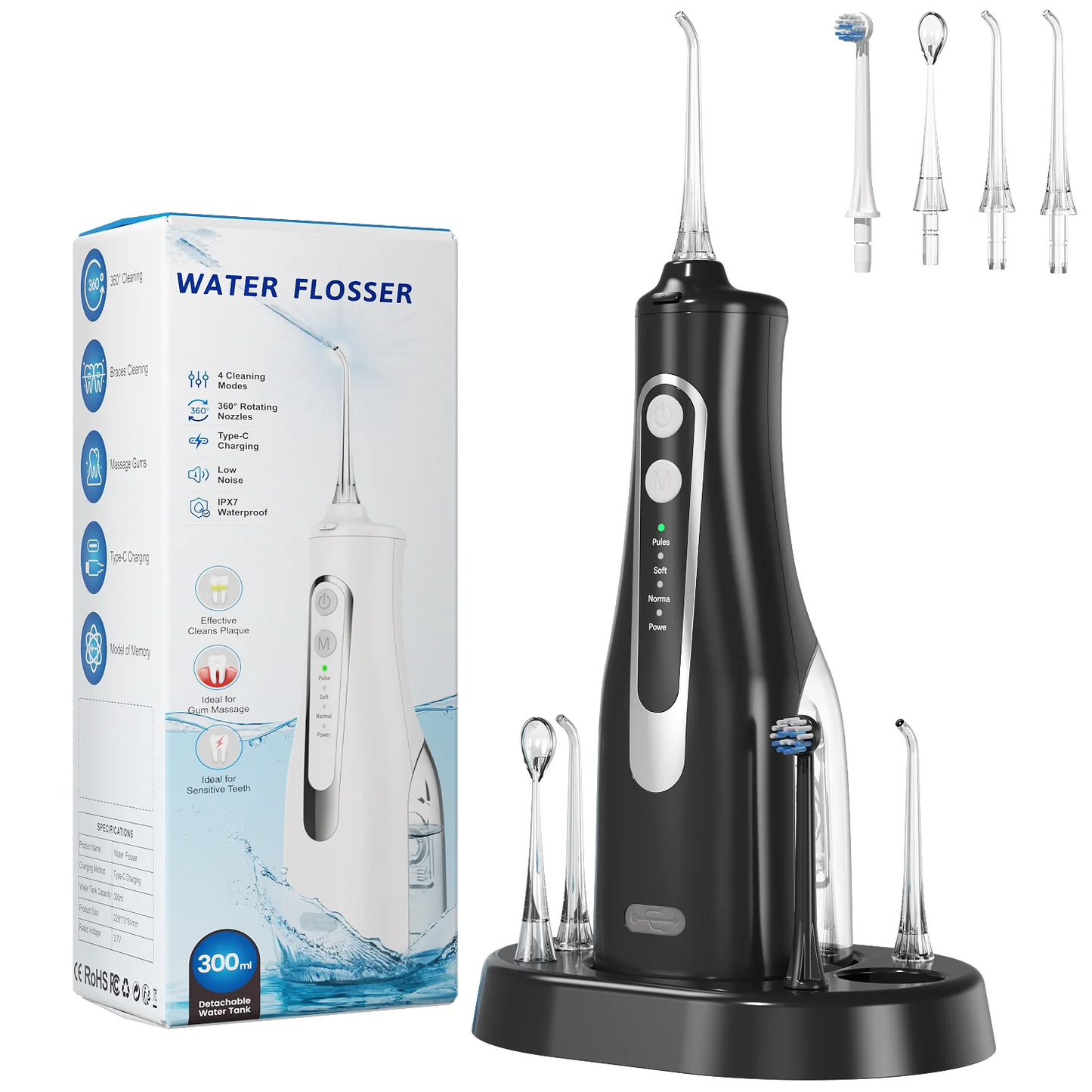 Water Dental Flosser, Cordless Teeth Pick Portable 4 Modes, Rechargeable Oral Irrigator IPX7 Waterproof Travel Gum Floss Cleaner Deep Cleaning Flossing Picks with Wireless Charge Base, Black CSD01M149PWF0BK