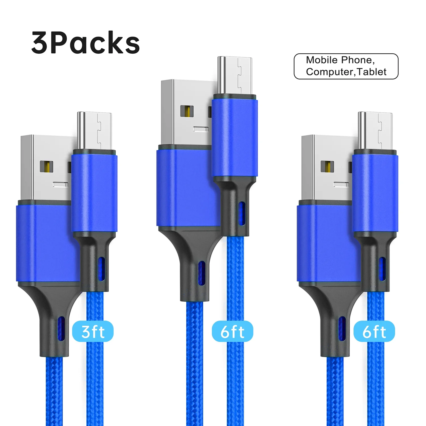 USB C Cable Charge Cable, 3 Pack 3/6/6ft Long Charger, Premium Nylon Charging Cord Compatible with iPhone 15 Samsung Galaxy Note 10/10+ Plus/9/8, S20 S10 S9 S8 Plus, Color (Blue)