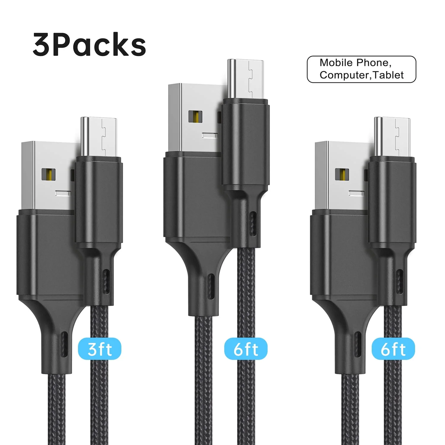 USB C Cable 2.4A Fast Charging Cable, 3Pack 3/6/6 FT Long Charger, Premium Nylon Cables, Fast Charging Cord Compatible with iPhone 15 Samsung Galaxy Note 10/10+ Plus/9/8, S20 S10 S9 S8 Plus (Black)