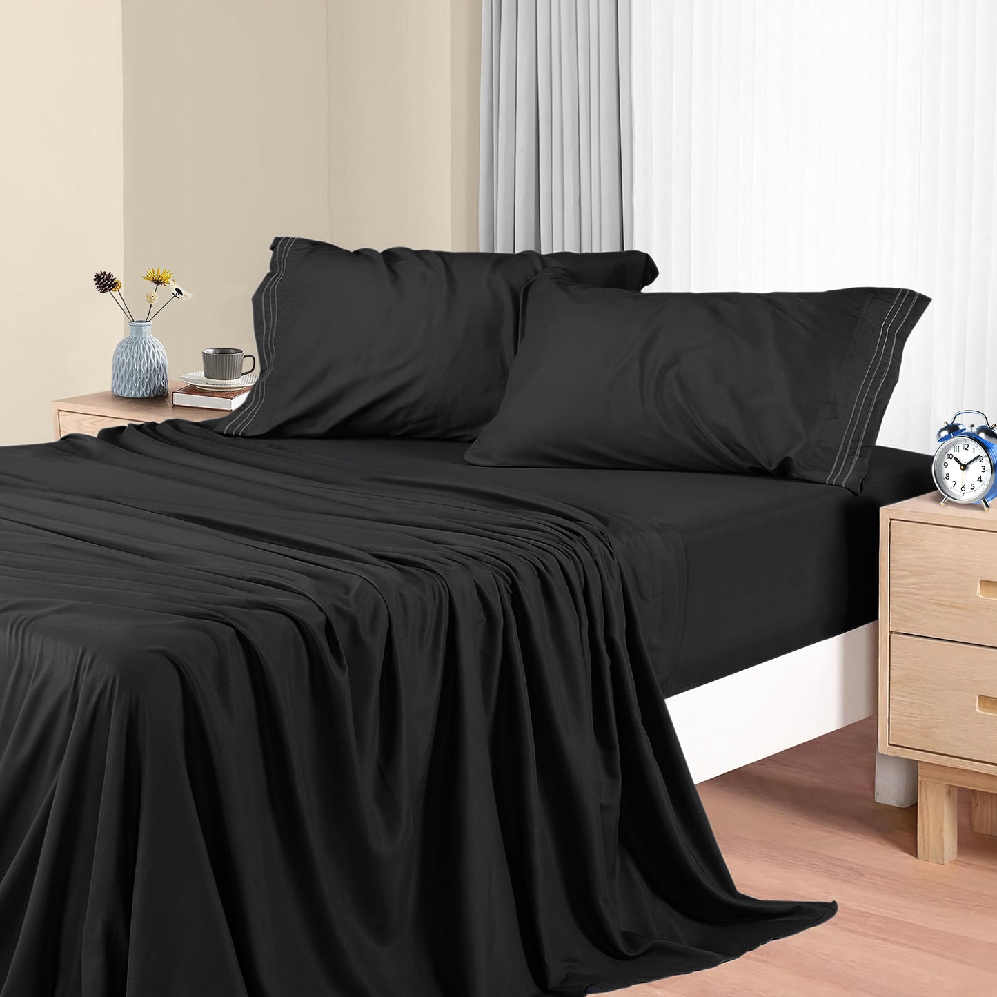 Twin-XL Sheet Set, Ultra Soft Cooling Sheets for Sleepers, Premier Wrinkle Resistant 4 Piece Breathable Bed Sheets Set, Fits up to 16'' Deep Pocket, Black