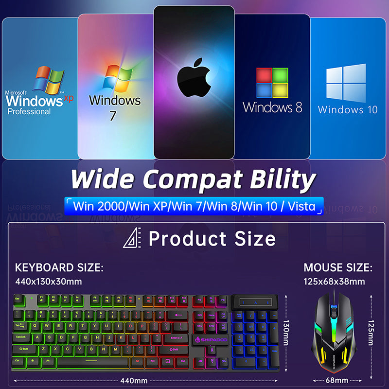 Gaming Keyboard & Mouse, 104 Keys Rainbow LED RGB Backlit Quiet Computer Keyboard, Multimedia Keys, 26 Anti-ghosting Keys, Waterproof Light up USB Wired Keyboard for PC Gamers Desktop Computer Laptop