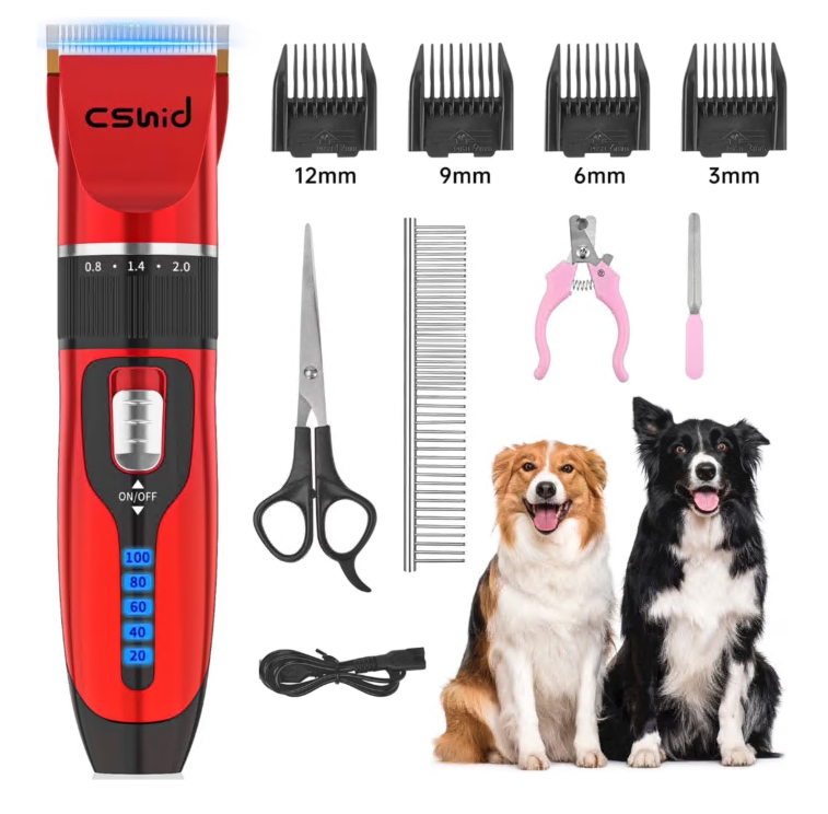 Dog Clippers, USB Rechargeable Cordless Dog Grooming Kit, Low Noise Electric Pets Hair Trimmers, Quiet Washable Shaver Clippers Shears for Thick Coats Dogs Cats with LED Display, 4 Comb Guides, Red