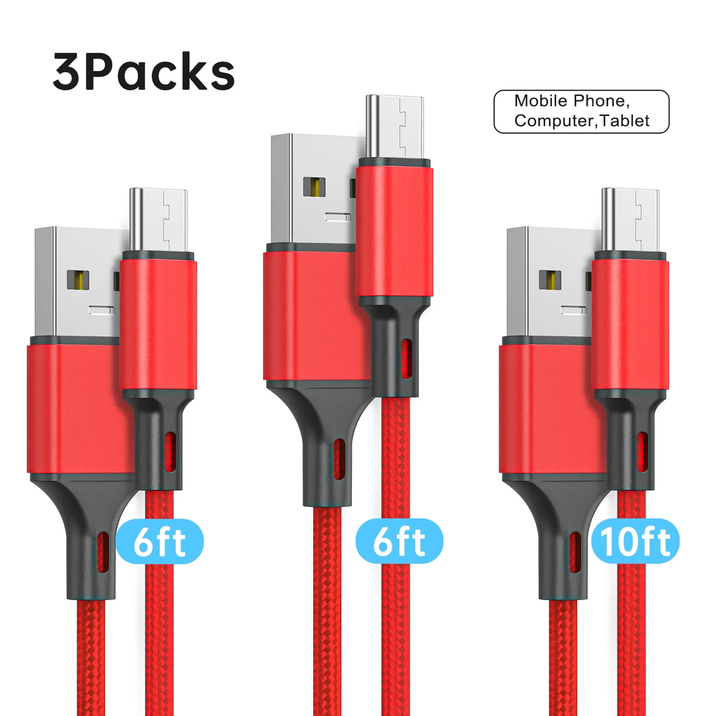 USB Type C Cable, 3 count Per Pack(6/6/10ft) USB C Charger Cable Nylon Braided Fast Charging Sync Cord Compatible iPhone 15/15 Pro Max Samsung Galaxy S10 S9 S8 Plus,Note 9 8, LG G7,Google Pixel 2 XL