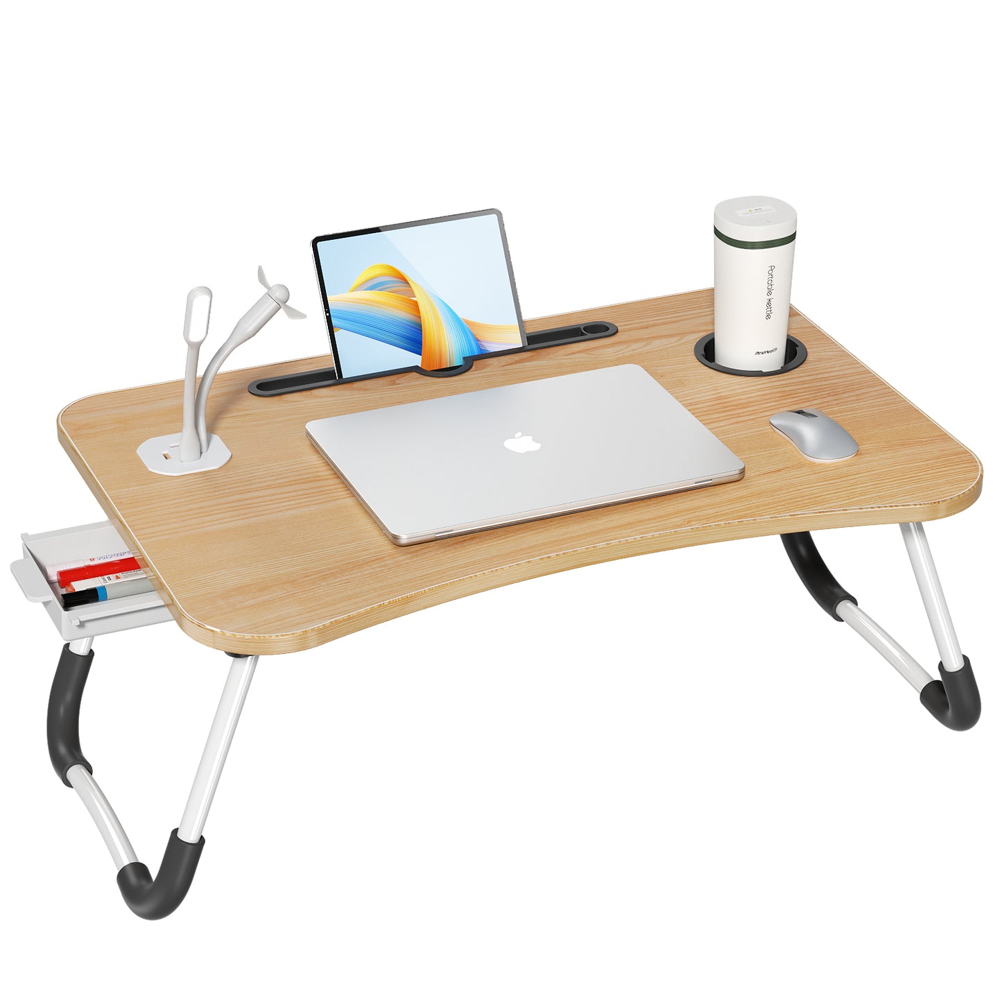 Foldable Ladesk, Portable Bed Tray Table with 4 USB Ports, Cup Holder and Draw, Bed Desk for Working Reading Writing, Eating for Bed Sofa Couch Floor, with Mini Lamp & Fan