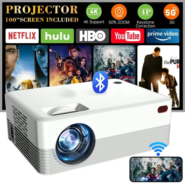 5G WiFi Projector with Bluetooth, 2024 Upgrade Native 1080P Projector for Outdoor & Camping, Wireless Mini Movie Projector Support 4k Resolution, for Home & Camping & Party