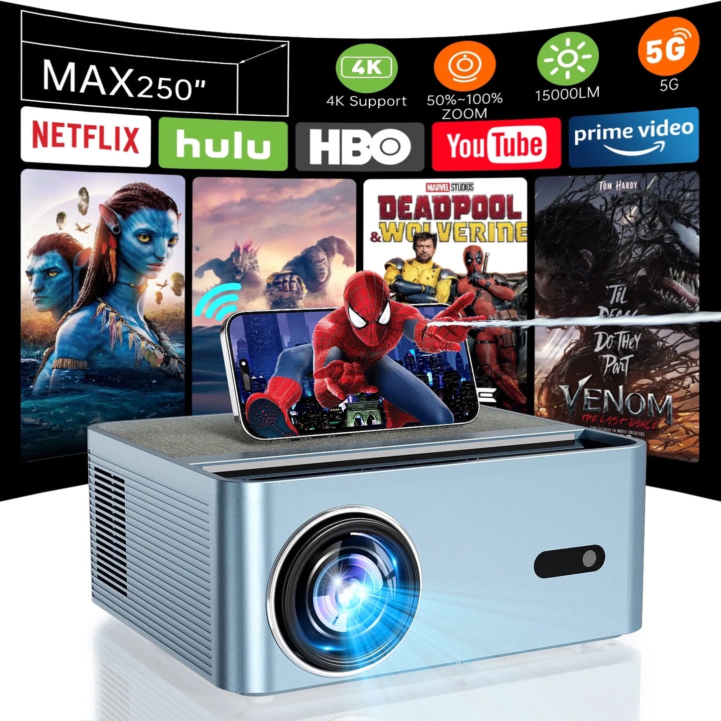 5G Wifi Projector with Bluetooth, Native 1080P 4K Support Outdoor Movie Projector, 15000LM Full HD Smart Video Projector, LCD Technology 250" Display Home Theater