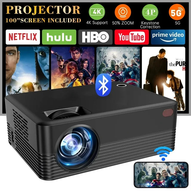 Projector with WiFi and Bluetooth, 2024 Upgrade Outdoor & Camping Projector, Mini Movie Projector Supports 1080P, Wireless & Wired Portable Projector for Home Entertainment & Camping Nights
