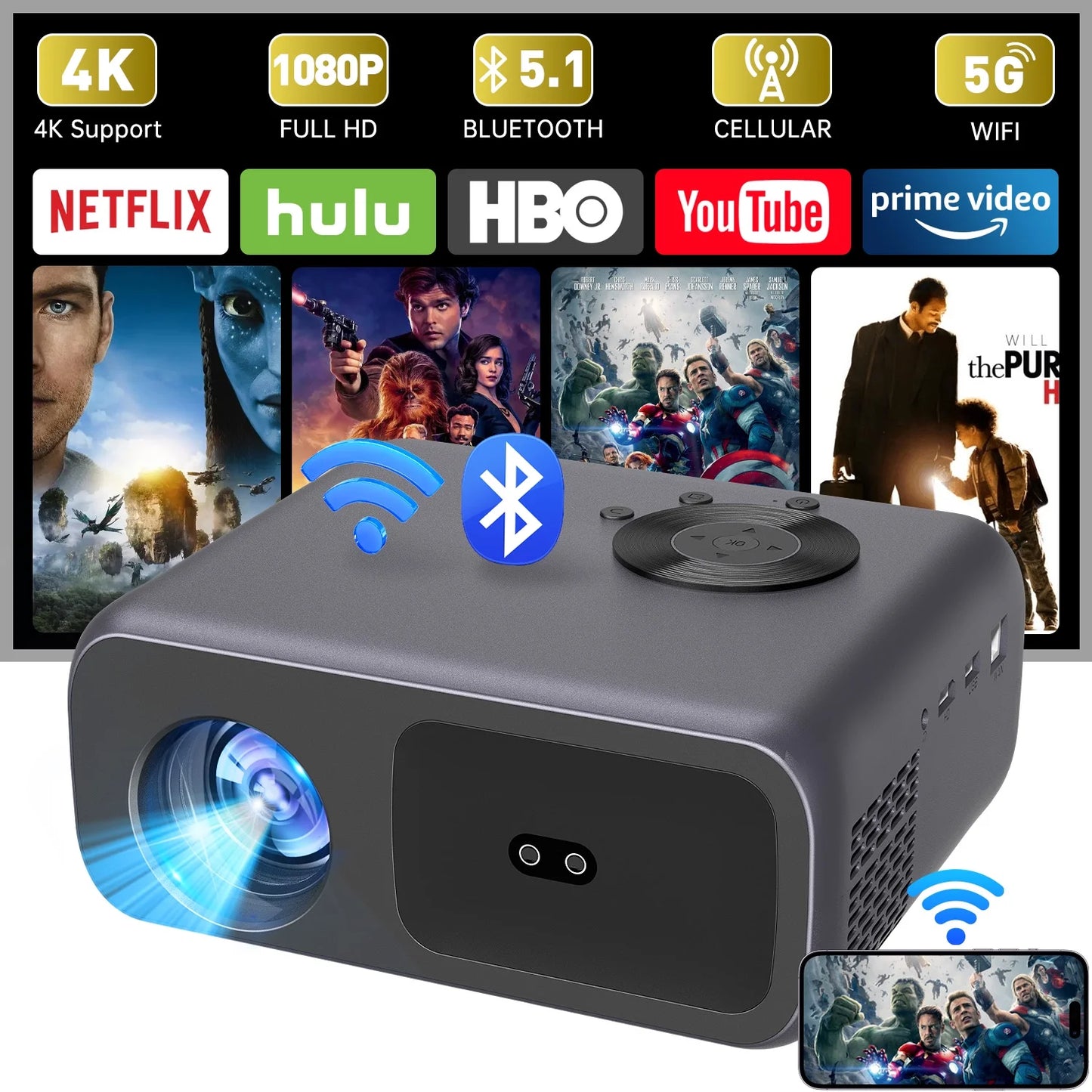 Projector with WiFi and Bluetooth, Native 1080p Projector 4K Support, Outdoor Movie Projector with Auto Focus, Smart Home Theater Projector Compatible with Android/iOS