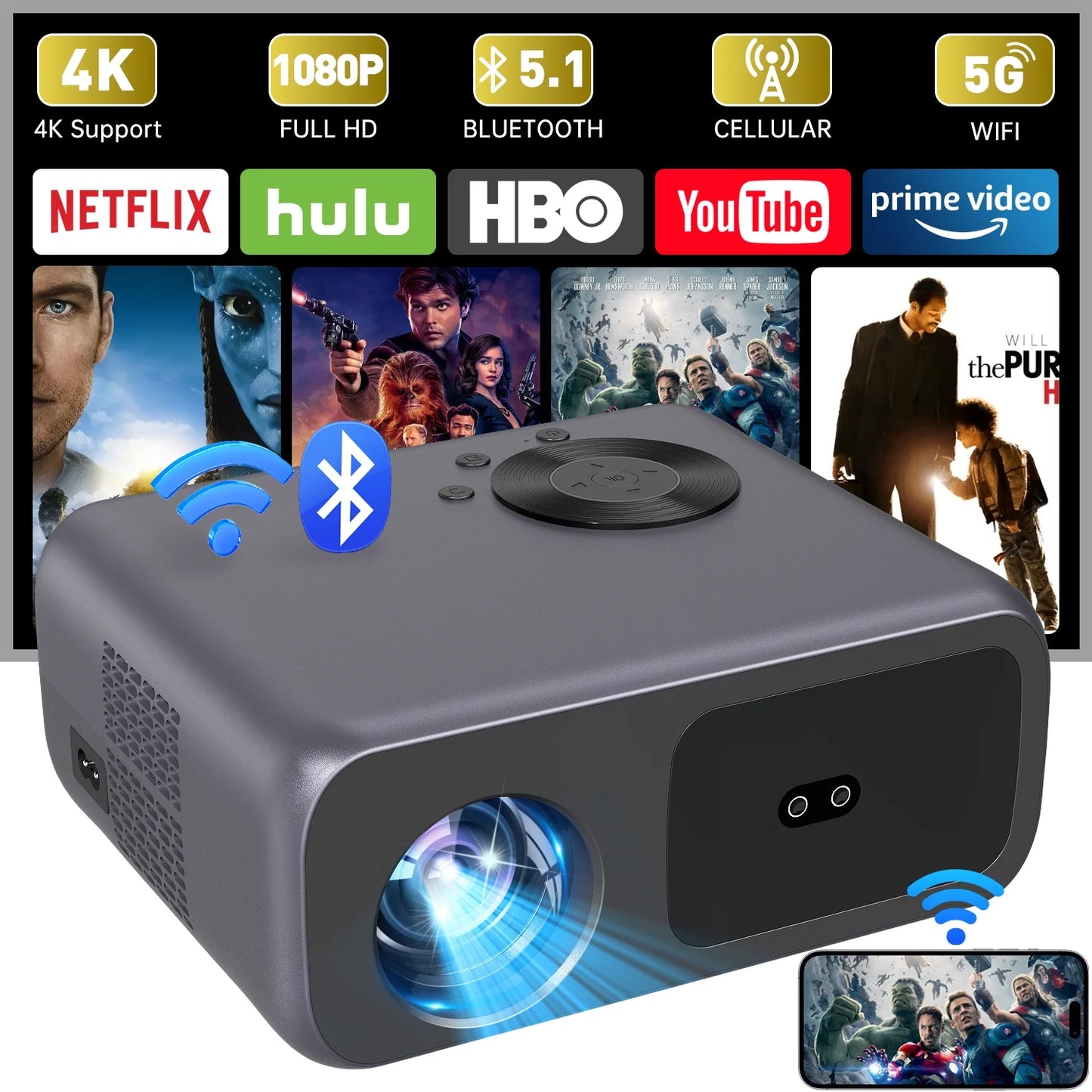 Projector with WiFi and Bluetooth, 4K Support Native 1080P Movie Projector, Outdoor Auto Focus Projector for Home Theater, Compatible with iOS Android Phone/TV Stick/Laptop