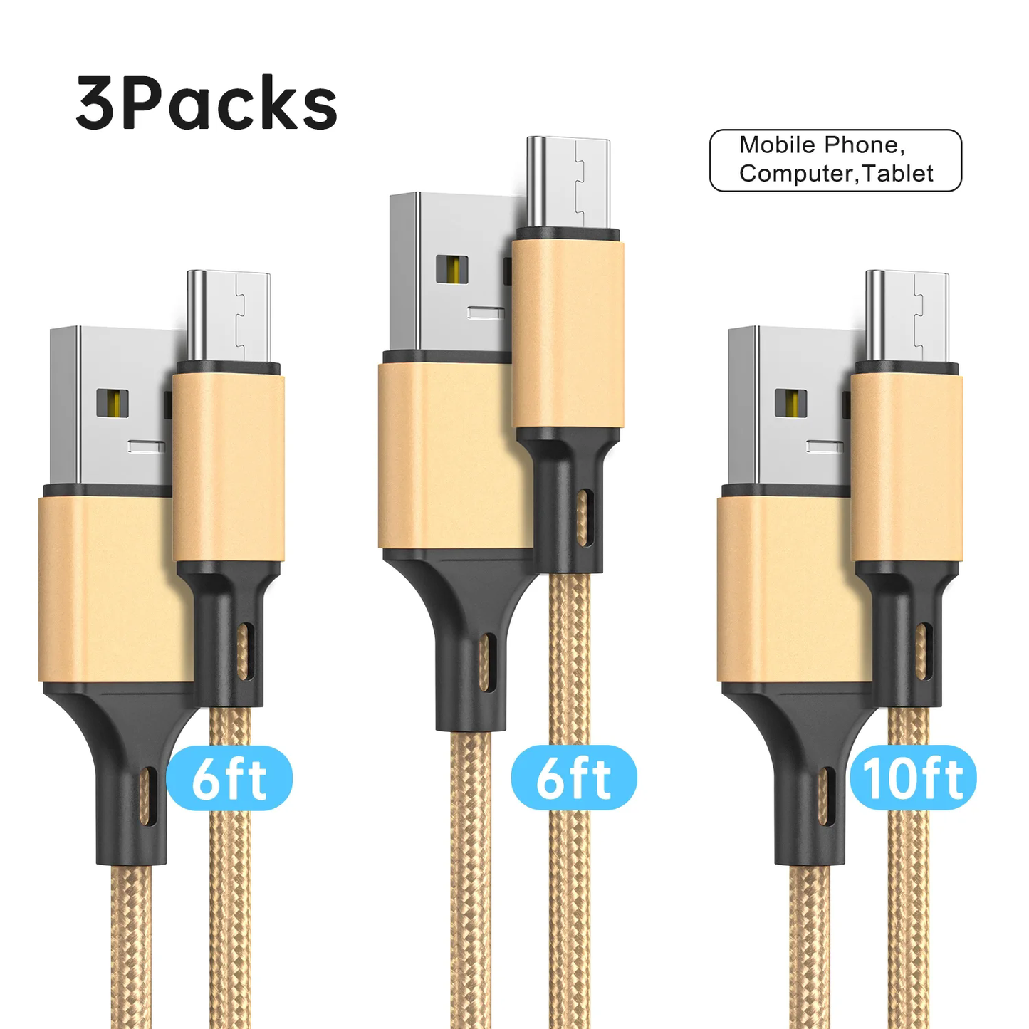 USB Type C Cable, (3-Pack 6/6/10FT) USB C Charger Cable Nylon Braided Fast Charging Sync Cord Compatible iPhone 15/15 Pro Max Samsung Galaxy S10 S9 S8 Plus,Note 9 8, LG G7 V30S, Golden