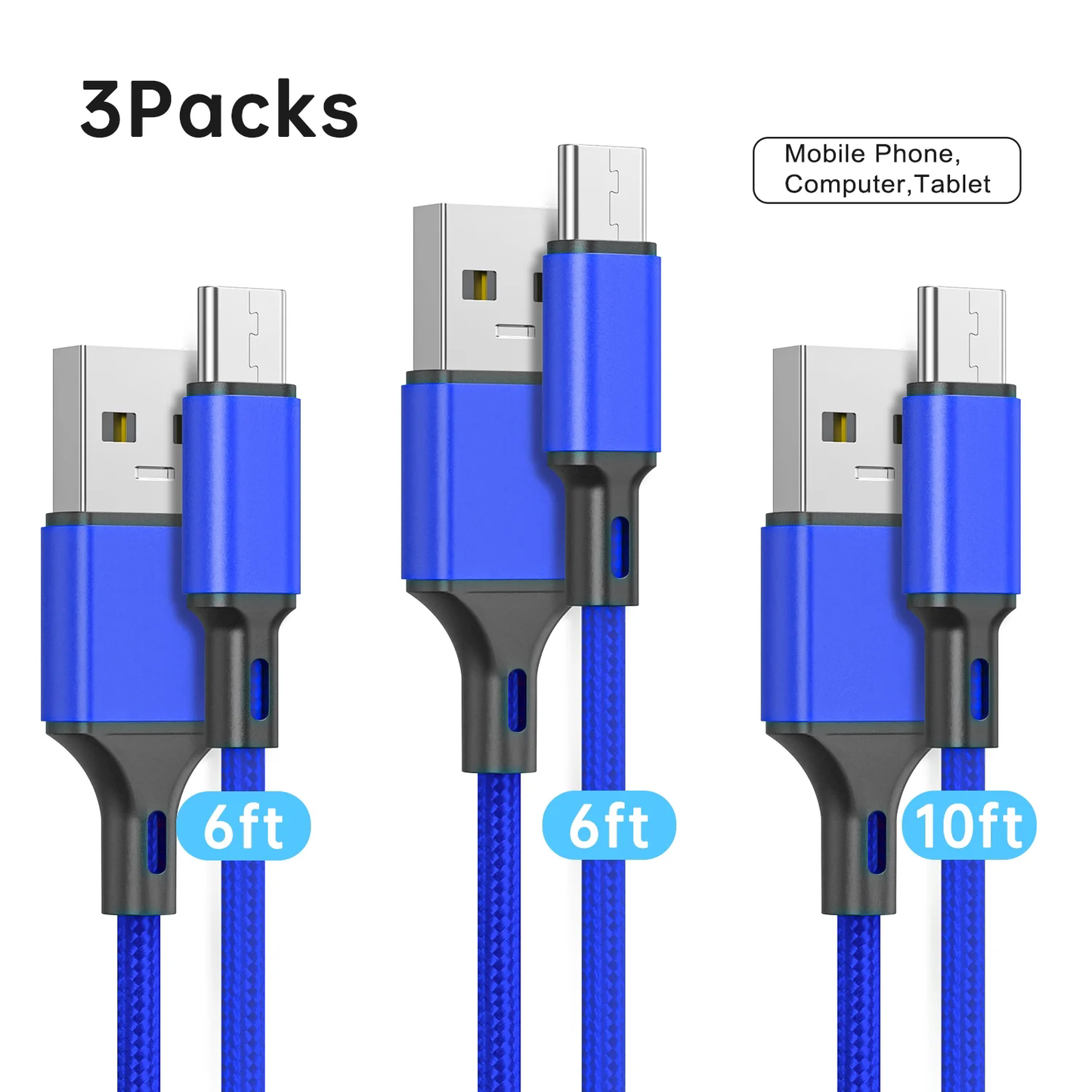 USB Type C Cable, (3-Pack 6/6/10ft) USB C Charger Cable Nylon Braided Charging Cord Compatible to iPhone 15/15 Pro Max Samsung Galaxy S10 S9 S8 Plus,Note 9 8, LG G7 ,Google Pixel 2 XL, Color(Blue)