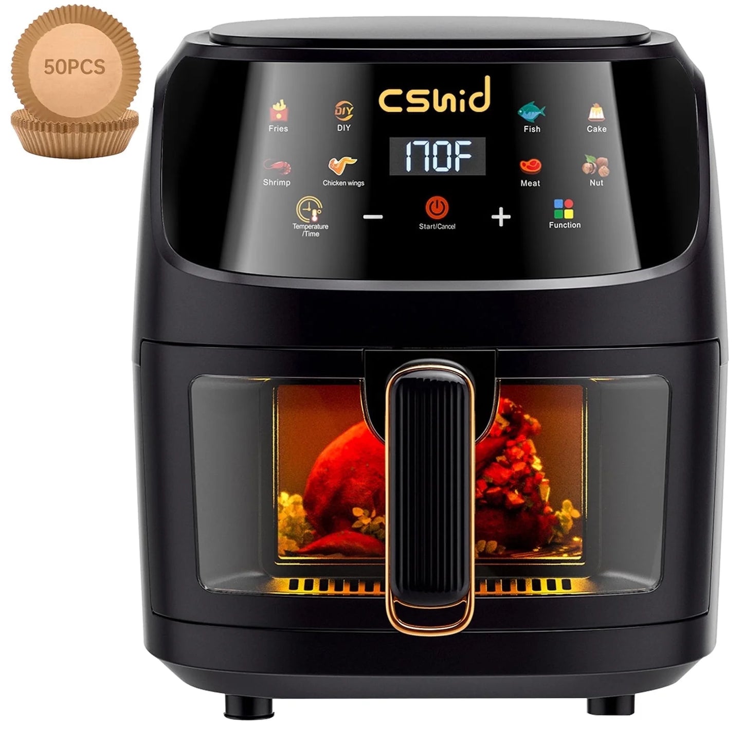 CSD01WAFQF305BK Air Fryer 7.4QT Large Capacity Touch Screen Smart Fryers Household Multi-function Window Visible Air Fryer for Crisps, Roasts, Reheats, & Dehydrates, Quick Easy Meals, High Gloss Finish,Black