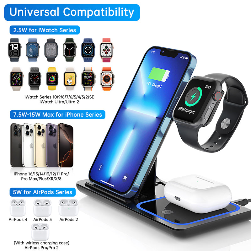 Wireless Charger, 18W Fast iPhone Charging Station for iPhone 16/15/14/13/12 /11/Pro Max/Plus, 3 in 1 Wireless Charging Stand for iWatch Series SE 10/9/8/7/6/5/4/3, Airpods Pro/3/2 (W/ QC3.0 Adapter)
