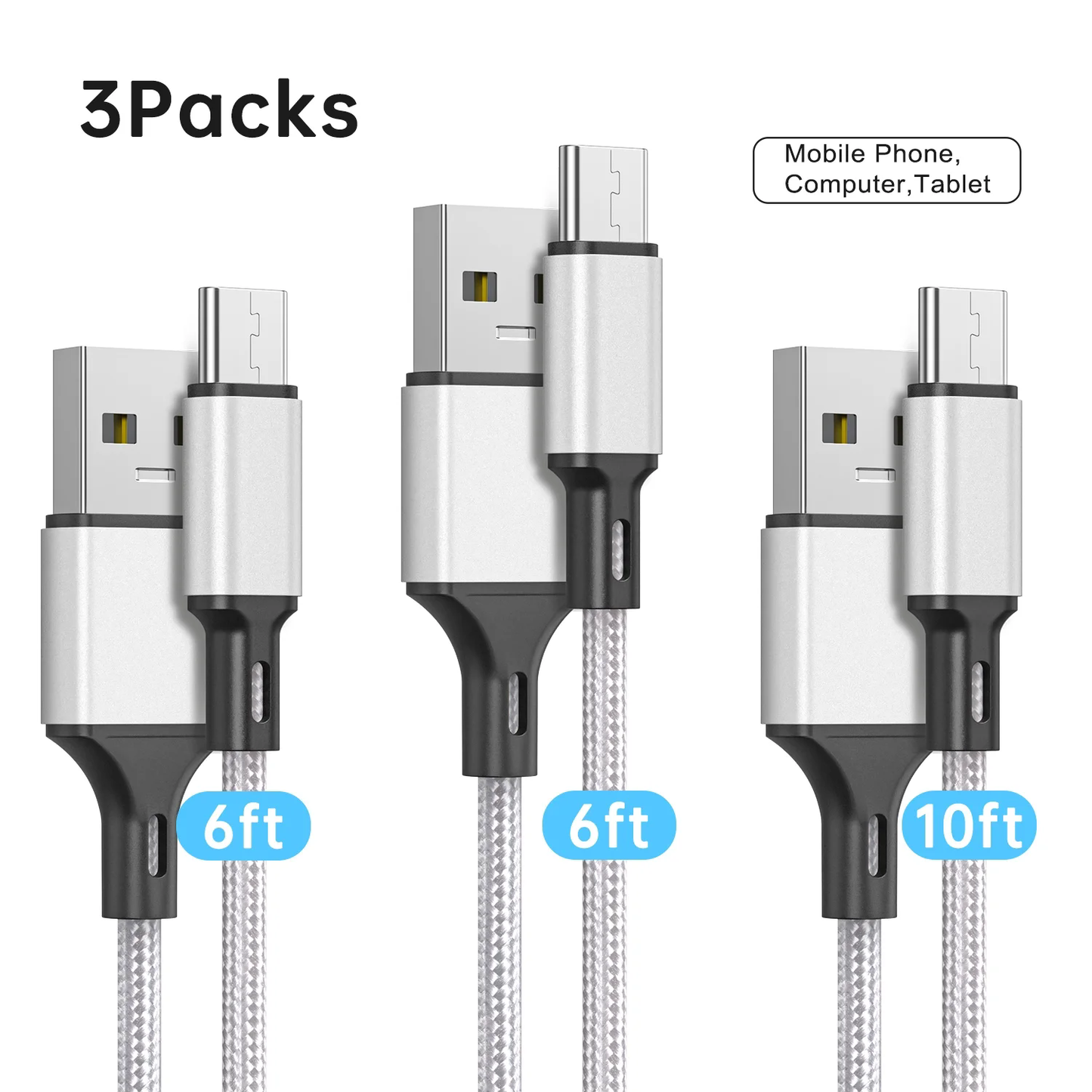 USB Type C Cable, (3-Pack 6/6/10ft) USB C Charger Cable Nylon Braided Fast Charging Sync Cord Compatible iPhone 15/15 Pro Max Samsung Galaxy S10 S9 S8 Plus,Note 9 8, LG G7 V30S, Color(Silver)