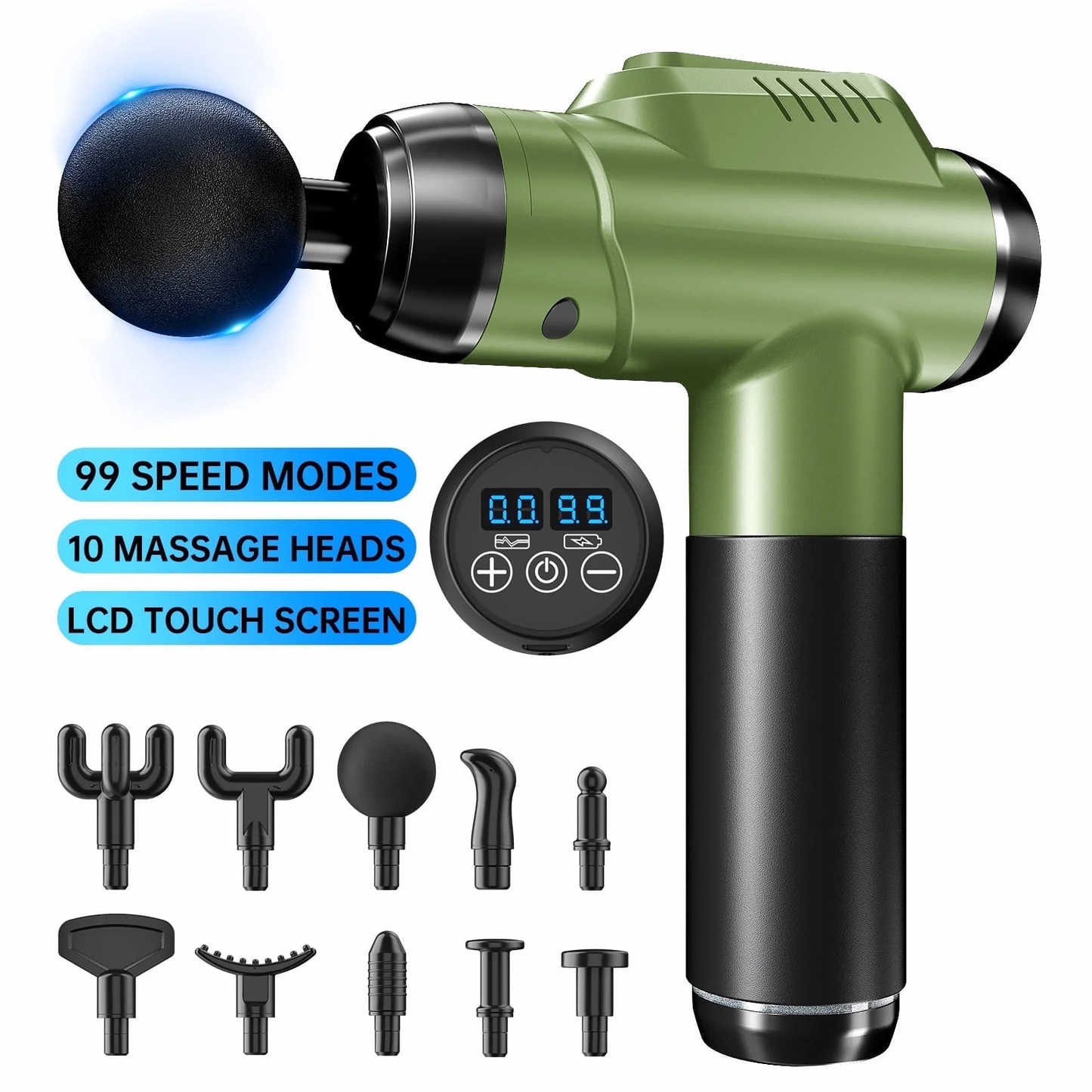 CSD01MGA20000GN Cshidworld Deep Tissue Massage Gun, Upgrade 99 Speed Back Massager with 10 Massages Heads & Silent Brush Motor, Percussion for Pain Relief, Quiet Electric for Relaxation(Green)