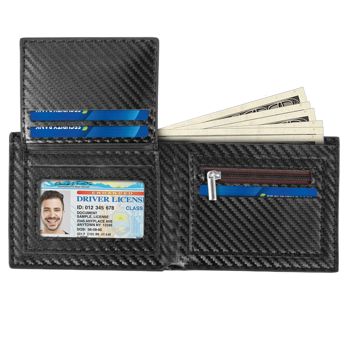 CSD01WFMBL1028BK Men's Wallet, 6 Card Slots and 1 ID Window, 2 Cash Compartments, One Zippered Coin Pocket, Simple RFID Front Pocket, Slim Front Pocket Wallet, Black