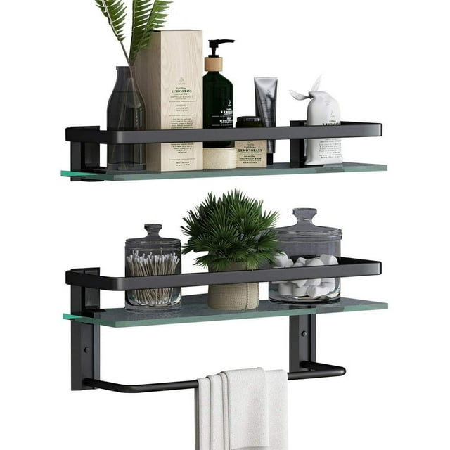 CSD62BGFS0000BK2PCS Glass Bathroom Shelf with Towel Bar, 15.75 inch Floating Shelves Bathroom Shelves Wall Mounted for Shelf Sink Over Toilet Bathroom Organizer, Extra Thick 8MM Tempered Glass Shelves, 2 Tiers Black